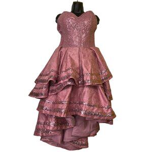 Vintage Pink High-Low Dress Sequin Lace Layered Ruffle Medium Fairy Princess Y2K